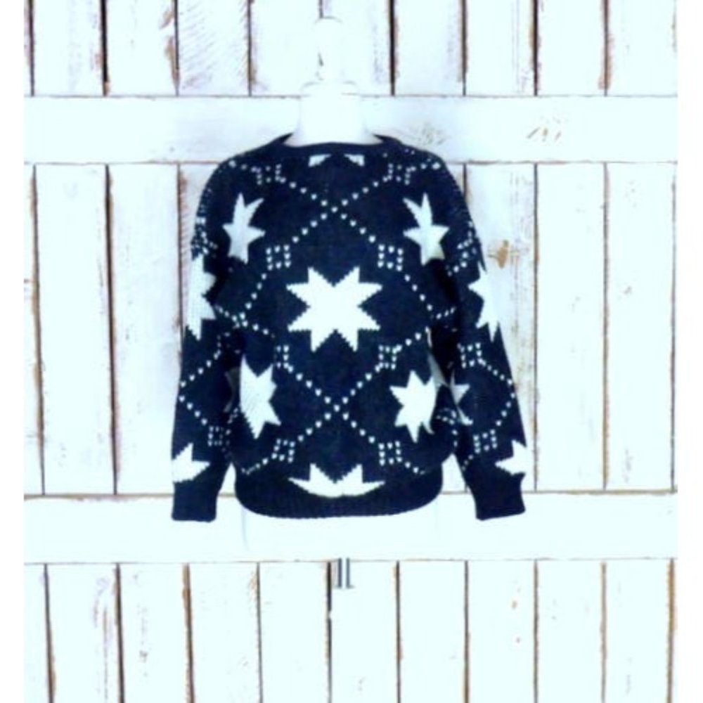 Vintage black grey white star holiday wool knit snow cabin pullover sweater